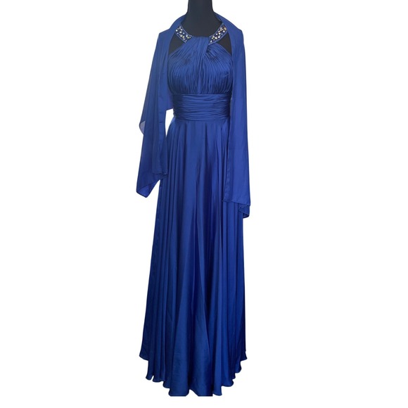 Dancing Queen Dresses & Skirts - Dancing Queen Gown Womens S Blue Beaded‎ Halter Ruched Maxi Ball Gown Dress